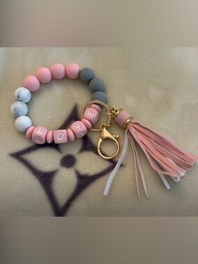 Pink and Gray Beaded Keychain Wristlet with Tassel
